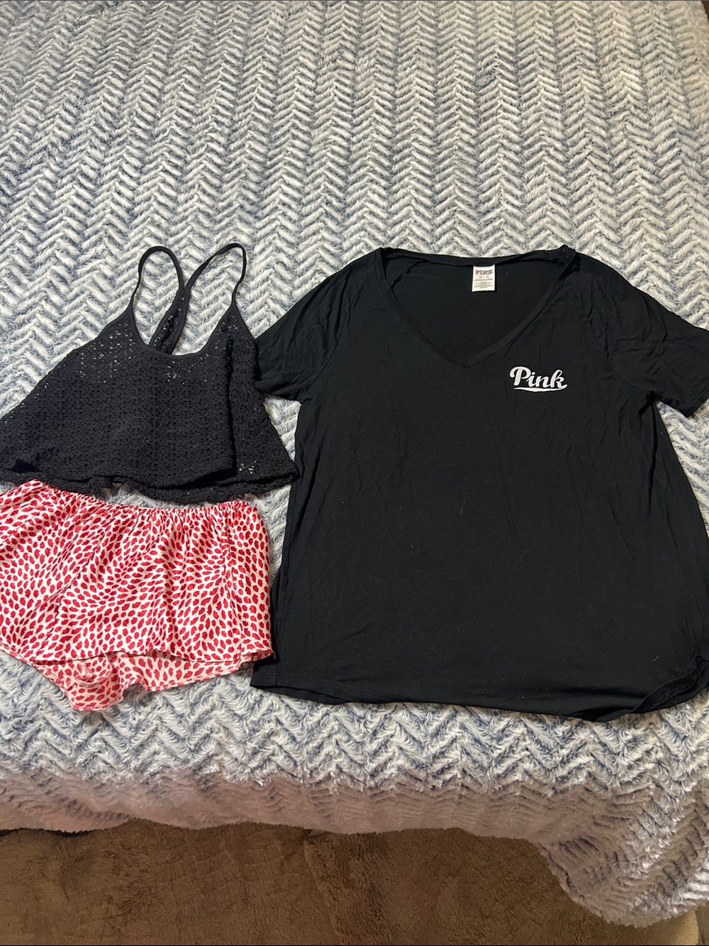 PINK Victoria's Secret Black V-Neck Tee/ Cropped Top/ Pajama Bottoms Bundle